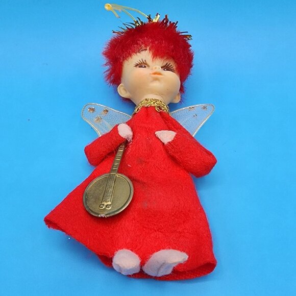 Vintage 1950s Napco Red Hair Pixie Angel Ornament • Felt Elf Japan • Gold Tinsel - Picture 6 of 9